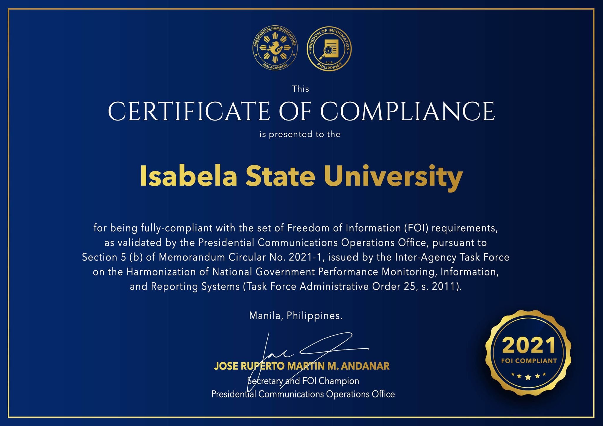 ISU is FOI Compliant for 2021 | Isabela State University